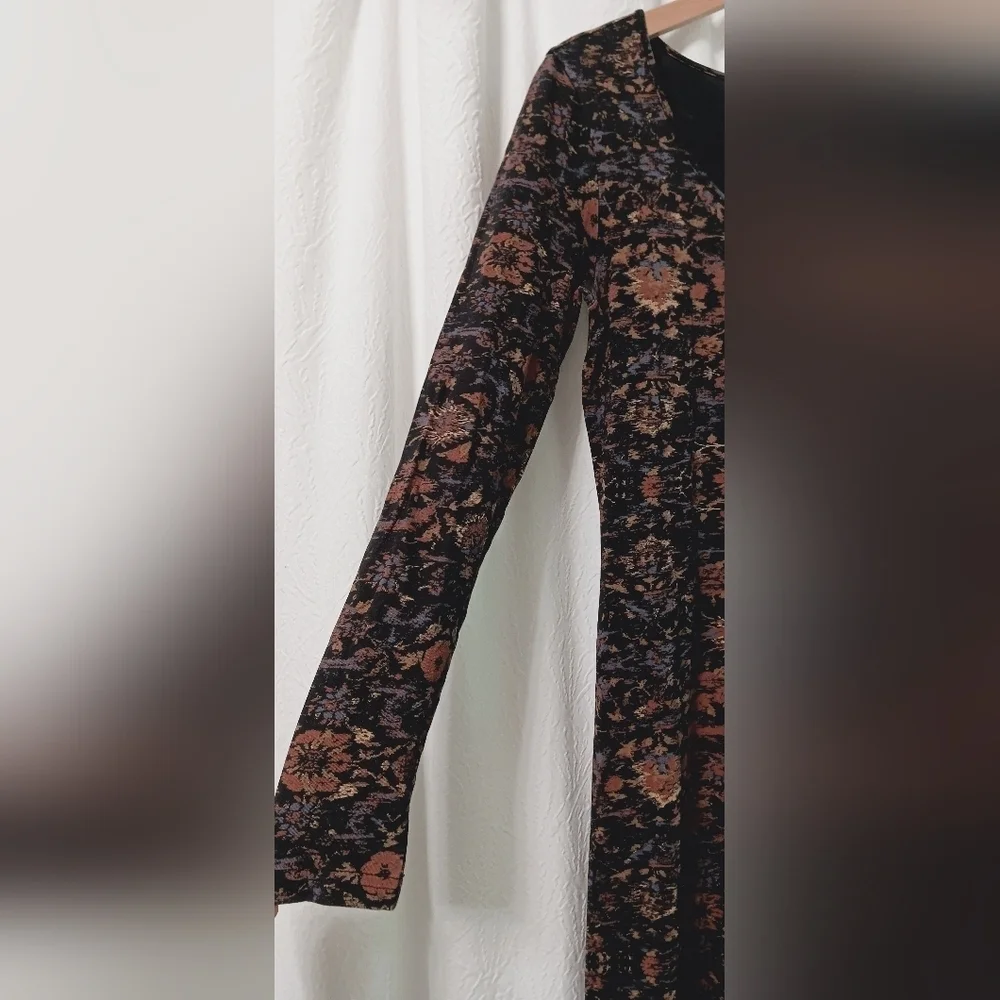 PeruvianConnection Dynasty Floral Black Jersey Scoop Neck Long Sleeves Midi Sz S